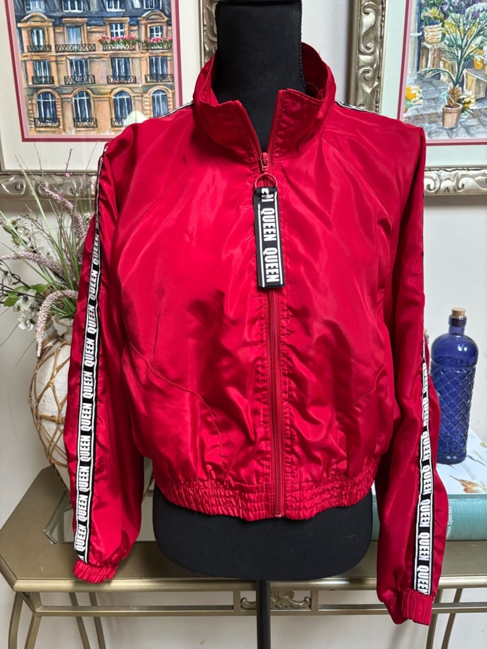 “Queen” Red Satin Bomber Cropped Zip-Up Jacket with Branded Trim Size XL